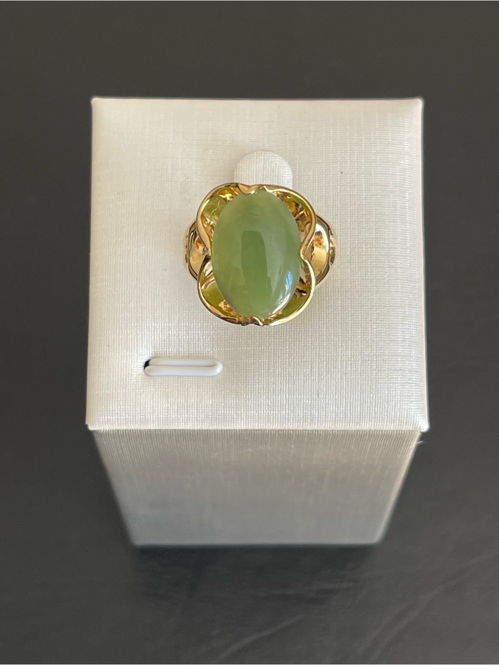 New gold over Sterling silver genuine green nephrite jade ring.